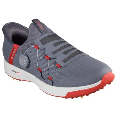 Image of Skechers Men&#039;s Hands Free GO Golf Elite Vortex Slip INS Sneaker, Charcoal Syntehtic/Red Trim, 9.5 UK