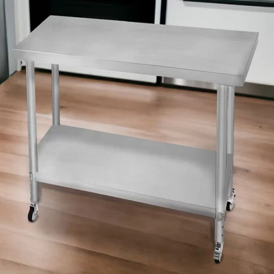Image of KuKoo Catering Work Bench Table Stainless Steel Food Prep Kitchen Mobile 4 x Castor Wheels With 2 Brakes &amp; Adaptable Feet Adjustable Lower Shelf 3 Positions 160kg Load Capacity 90cm 60cm 86cm