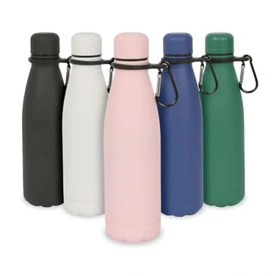 Image of Matt Pink Stainless Steel Water Bottle with Carabiner Clip 500ml