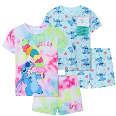 Image of Get Trend Disney Stitch PJs for Girls Pack of 2 Short Sleeve Pyjamas Set Kids Teenagers Lounge Sets Nightwear Soft Comfy Sleepwear Gifts (7 8 Years, Blue Stitch)