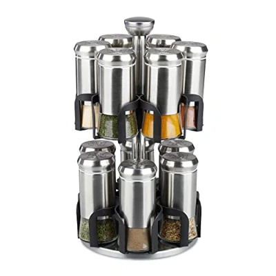 Image of Relaxdays Carousel, Jars, Stainless Steel &amp; Glass, Rotating, Spice Rack, Dishwasher Safe, Silver/Black, 12 (EU)