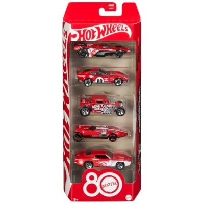 Image of Hot Wheels Toy Cars, 5 Pack of 1:64 Scale Cars with Collectible Deco &amp; Packaging, Core Mattel 80th Anniversary Set Vehicles, JGK08