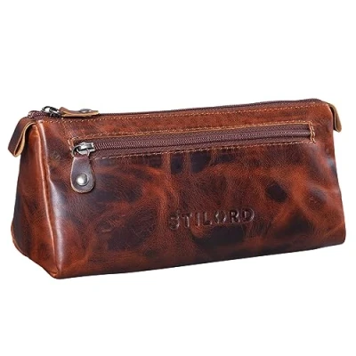 Image of STILORD &#039;Alexis&#039; Leather Pencil Pouch Vintage Pen Case Holder with Zipper for Women Men School Office in Genuine Leather, Colour:Milano Brown
