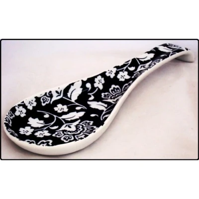 Image of Black Florence Spoon Rest Ceramic Porcelain White Floral Large Hand Decorated UK