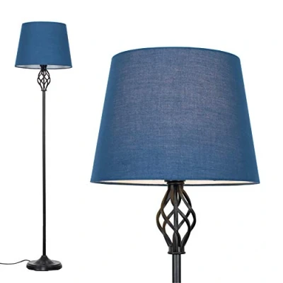 Image of MiniSun Traditional Style Black Barley Twist Floor Lamp with a Navy Blue Tapered Light Shade