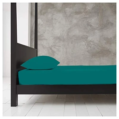 Image of Polycotton Plain Fitted Sheets Double, Breathable Elastic Pocket Bottom Sheet, Machine Washable, Deep Teal