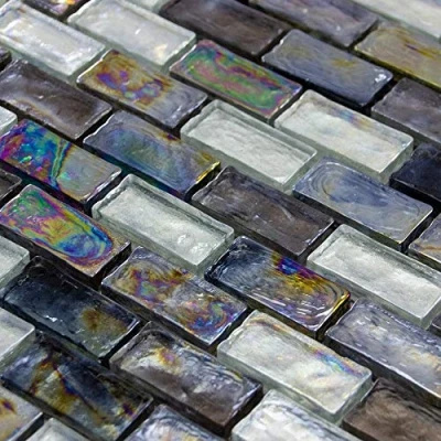 Image of Luxury Textured Iridescent Slate, Grey &amp; Pearl Glass Mosaic Wall Tiles Sheet 8mm