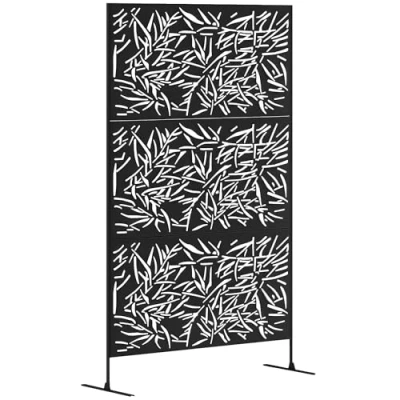 Image of Outsunny Decorative Garden Privacy Screen with Stand, 6.5FT Freestanding Metal Outdoor Divider, Panel Expansion Screws for Pool Hot Tub, Bamboo Style, Black