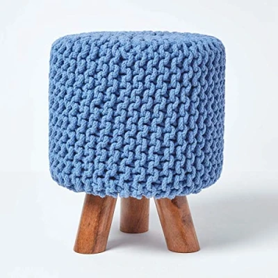 Image of HOMESCAPES Blue Cotton Knitted Pouffe Footstool with Wooden Legs 32 x 42 cm