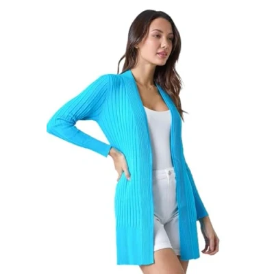 Image of Roman Womens Longline Stretch Ribbed Cardigan Blue Size 16 UK
