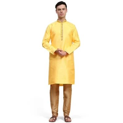Image of SKAVIJ Men&#039;s Embroidered Kurta Pajama Set Jacquard Silk Ethnic Motifs 2 Piece Gold_Medium