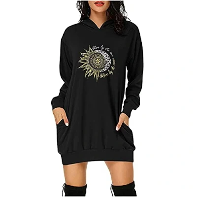 Image of Lalaluka Dresses Women&#039;s Hoodie Dress Short with Hood Long Sleeve Pockets Sun Moon Print Loose Sweatshirt Pullover Blouses Slip Blouse Casual Shirt Dresses, black, L