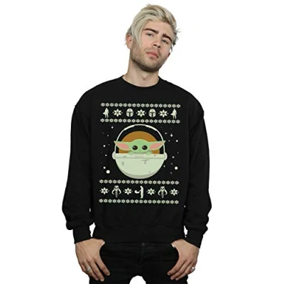 Image of Star Wars Men&#039;s The Mandalorian Child Christmas Sweatshirt Black Large