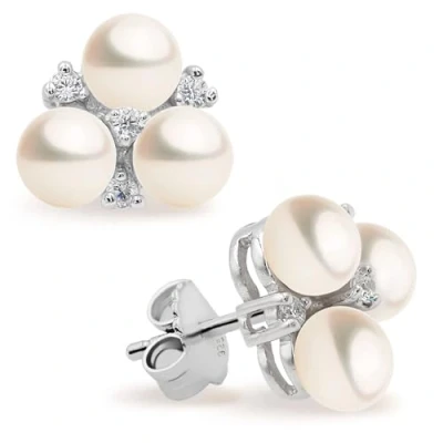 Image of Women Pearl Stud Earrings with Three Fresh Water Cultured Pearls Button Shape 4 5 mm and Cubic Zirconia Stones by Secret &amp; You Sterling Silver 925 Mounts big nuts.