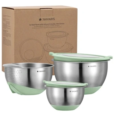 Image of Navaris Set of 3 Stainless Steel Bowls with Lids &amp; Colander Large Small Bowl Lid Non Slip Base Ideal for Mixing, Baking, and Serving Salad Fruit Metal Mint Green