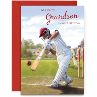 Image of Grandson Birthday Card Cricket Design for Him Happy A5 Size with Red Envelope