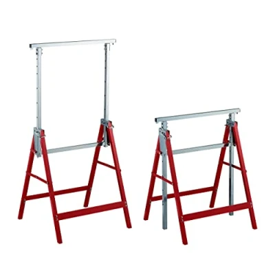 Image of Relaxdays Set of 2 Sawhorses, 7 Height Settings, Max. 200 kg, 130 x 58 cm, Multipurpose Trestles, Steel, Red/Silver