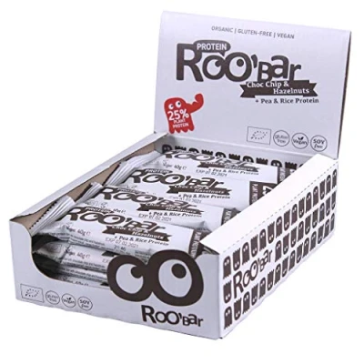 Image of Roobar Choc Chip &amp; Vanilla 100% Organic Raw Vegan Protein Bar for Optimum Nutrition. Dairy Gluten Free 10 x 60g Bars
