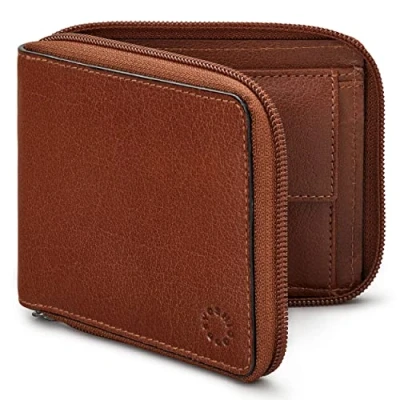Image of Yoshi Mens RFID Blocking Full Zip Around Leather Coin Pocket Wallet (Brown)