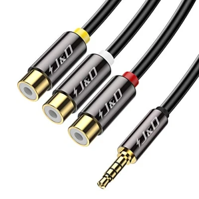 Image of J&amp;D 3.5 mm to 3RCA Cable, Gold Plated Copper Shell Heavy Duty 3.5mm 1/8 inch Male TRRS 3 RCA Female Plug Stereo Audio Adapter 1 Feet