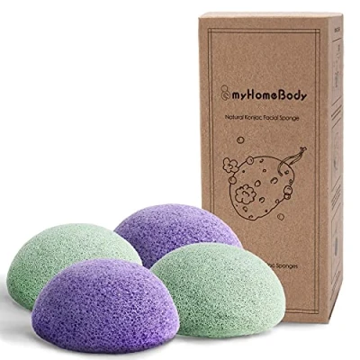 Image of myHomeBody Natural Konjac Facial Sponges for Gentle Face Cleansing and Exfoliation (Violet Lavender, Sage Green)