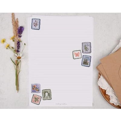 Image of Making Meadows A4 Lined Letter Writing Paper Set (20 Sheets &amp; 10 envelopes) Vintage Floral Stamps Design On Penpal Stationery