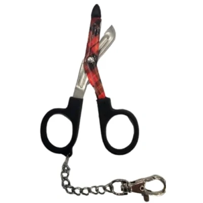 Image of Novelty Nurse Mini Utility Scissors with Clip and Chain Black Handle Tartan Design Blades