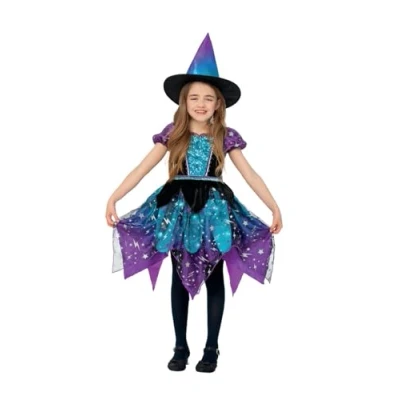 Image of Smiffys Deluxe Moon &amp; Stars Witch Costume Light Up Dress Hat, Purple Teal Ombre, Halloween Child Fancy Dress, Costumes