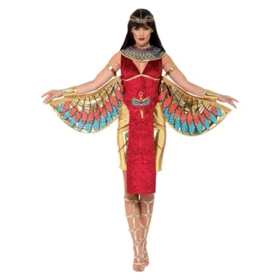 Image of Smiffys Egyptian Goddess Costume, Red with Dress, Wings, Collar &amp; Headpiece, Legends Myths Fancy Ancient Egypt Dress Up Costumes