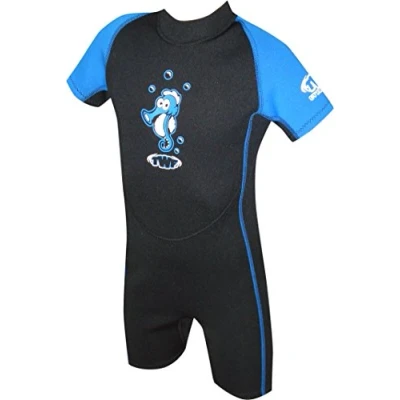 Image of TWF KIDS SHORTY WETSUIT SHORTIE CHILDS CHILDRENS BOYS GIRLS UV SWIM SUN WET SUIT PIRATE SEAHORSE (Blue Seahorse, 3 4 Years)