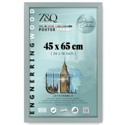 Image of Z&amp;Q Wall Mounted Poster Picture Frame Silver 45 x 65 cm Display Painting Photo Print With HD Clear Perspex Both Ways Hanging Hooks MDF Wood 30x15mm Moulding