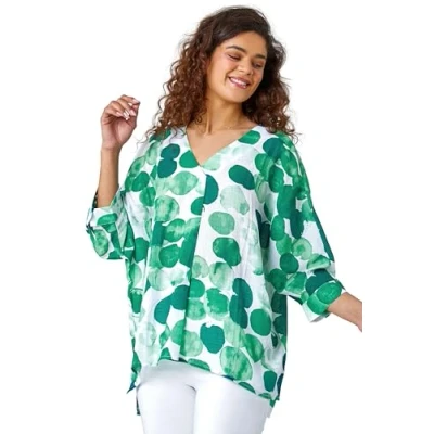 Image of Roman Spot Print Relaxed Woven Top for Women UK Ladies Spring Everyday Summer Holiday V Neckline Comfy 3/4 Sleeves Soft All Over Blouse Vacation Shirts Green Size 12