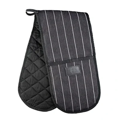 Image of MasterChef Oven Gloves Heat Resistant, Double Made from Cotton with Vegan PU Leather Logo &amp; Hanging Loop, Attached Mitts, Machine Washable, Proof Pot Holders for the Kitchen