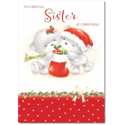 Image of doodlecards Sister Christmas Card Cute Bears with Stocking Medium Size for Plain Envelope