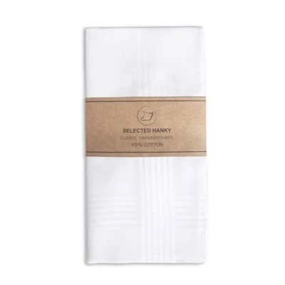 Image of Selected Hanky 100% Cotton Men&#039;s Handkerchiefs White with Stich 12 Pieces