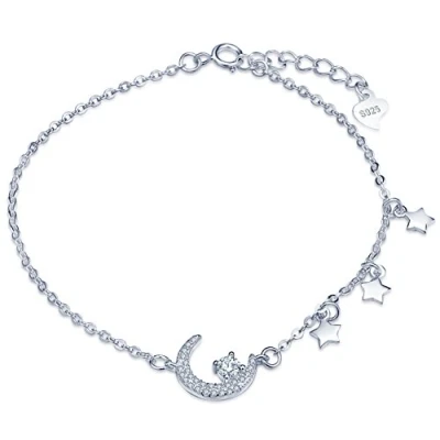 Image of Yumilok 925 Sterling Silver Cubic Zirconia Moon and Star Charm Bracelet for Women/Teenager/Girls