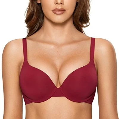 Image of DOBREVA Women&#039;s Push Up Bra Underwire Padded T Shirt Bras Full Coverage Plunge Cerise 38C