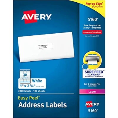 Image of Avery Address Labels with Sure Feed for Laser Printers, 1&quot; x 2 5/8&quot;, 3,450 Great FBA (5160)