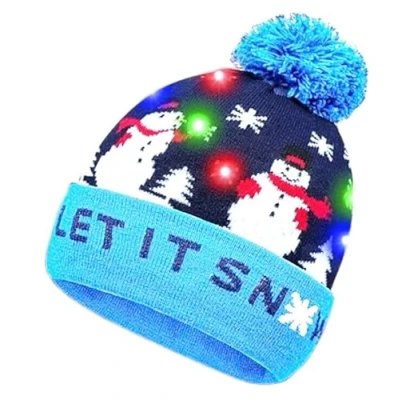 Image of Topzilly LED Light Up Christmas Beanie Hat Fun Festive Hats for Adults &amp; Kids Cozy Bobble with Flashing Lights Elf Hats, Baby Hat, Holiday Gifts Parties (Let it Snow Blue)