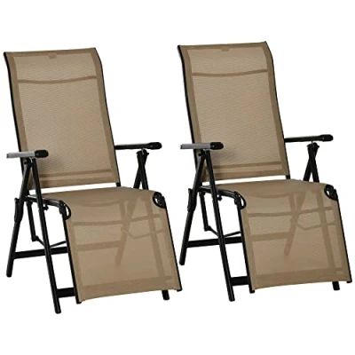 Image of Outdoor Set of 2 Sun Lounger 10 Position Adjustable Texteline Folding Reclining Chairs with Footrest for Patio Garden, Beige