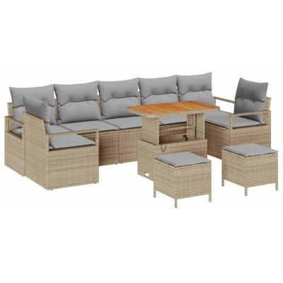 Image of vidaXL 10 Piece Garden Sofa Set with Cushions Beige Poly Rattan Acacia