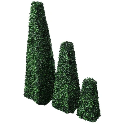 Image of vidaXL Outdoor Artificial Boxwood Pyramid Topiary Set of 3, Mixed Green Plastic Foliage, Weather Resistant Plant Decor for Garden/Patio and Indoor Spaces