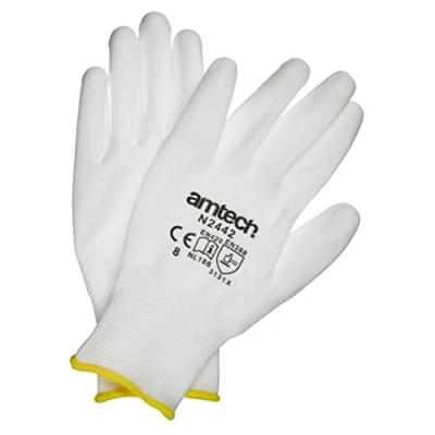 Image of Amtech N2442 Light Duty PU Coated Work Gloves Medium (Size 8), Certified Quality for Craft, Assembly and Packing, White