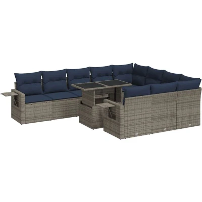 Image of Vidaxl 11 Piece Garden Sofa Set with Cushions Grey Poly Rattan Acacia