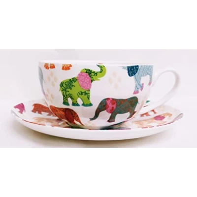 Image of Elephants Cup &amp; Saucer Fine Bone China Cappuccino 12.5 oz Multi Colour Patched Large Hand Decorated in UK