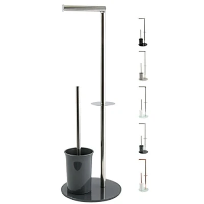 Image of MSV Bergamo Stand Toilet Brush Roll Holder Stainless Steel and Glass Grey 3 in 1