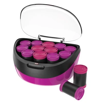 Image of Remington Heated Hair rollers (Set of 12 velvet flocked in 2 jumbo sizes (35mm &amp; 40mm), Ceramic and Ionic Technology, Wax core, pins clips included, pink/black) H5670