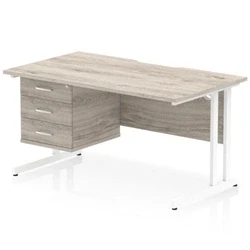 Image of Impulse 1400 x 800mm Scalloped Edge Office Desk Grey Oak Top White Cantilever Leg Workstation 1 3 Drawer Fixed Pedestal