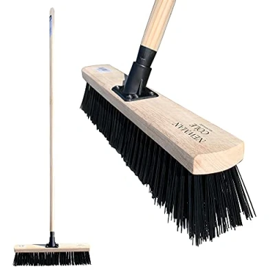 Image of Newman &amp; Cole Garden Broom Outdoor, 18 Large Stiff Brush with Synthetic PVC Bristles and Fitted Long Wooden Handle