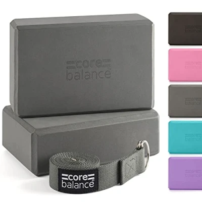 Image of Core Balance Yoga Blocks Set Of 2 High Density EVA Foam with Adjustable Metal D Ring Cotton Strap (Grey)